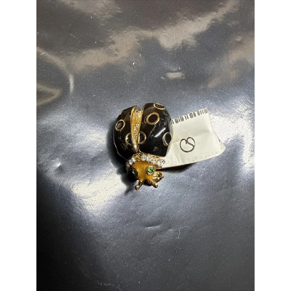 NWT Vintage St. John Gold Tone Black Enamel Rhinestone Ladybug Brooch